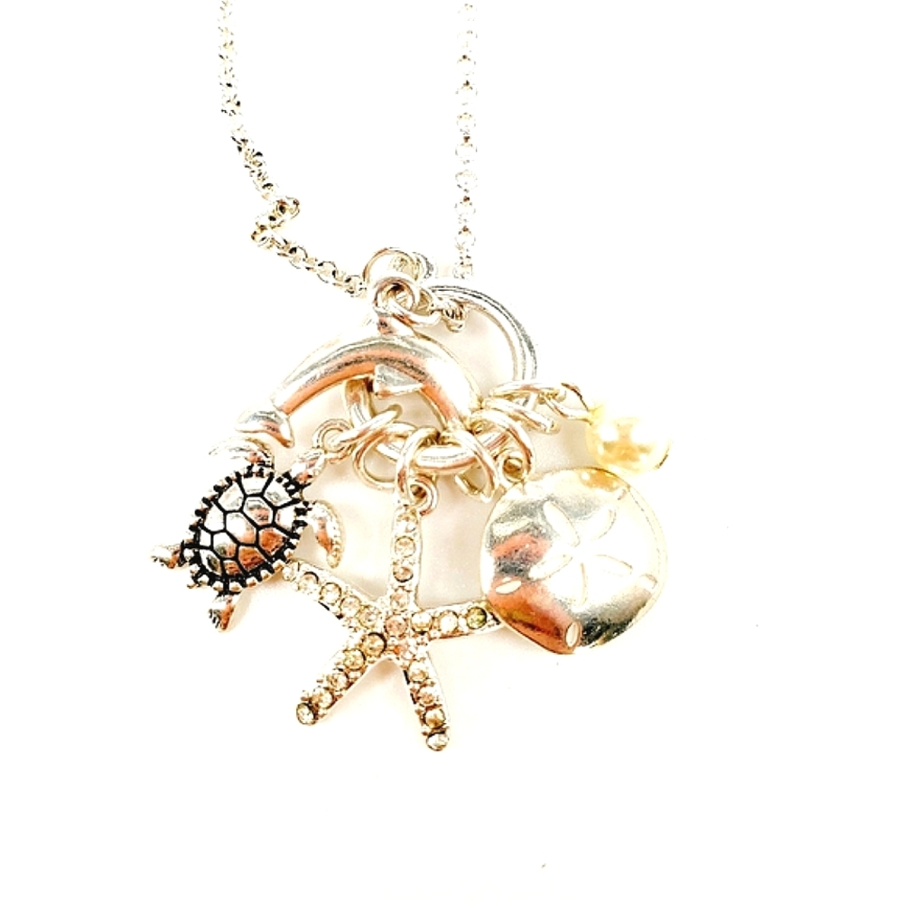 🌈 Silver Tone Nautical Beach Necklace w Turtle Starfish